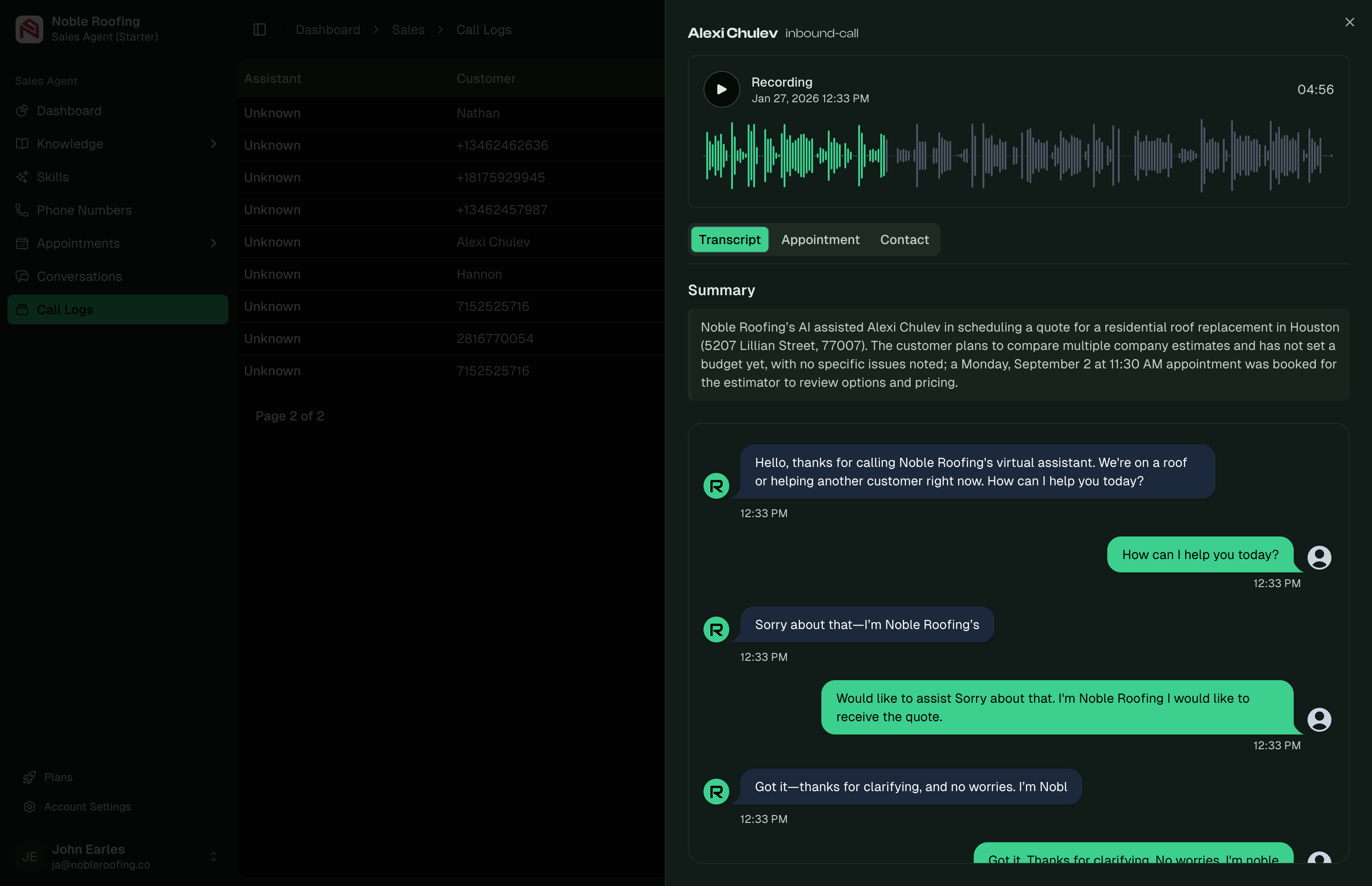 Call conversation view with summary and recording