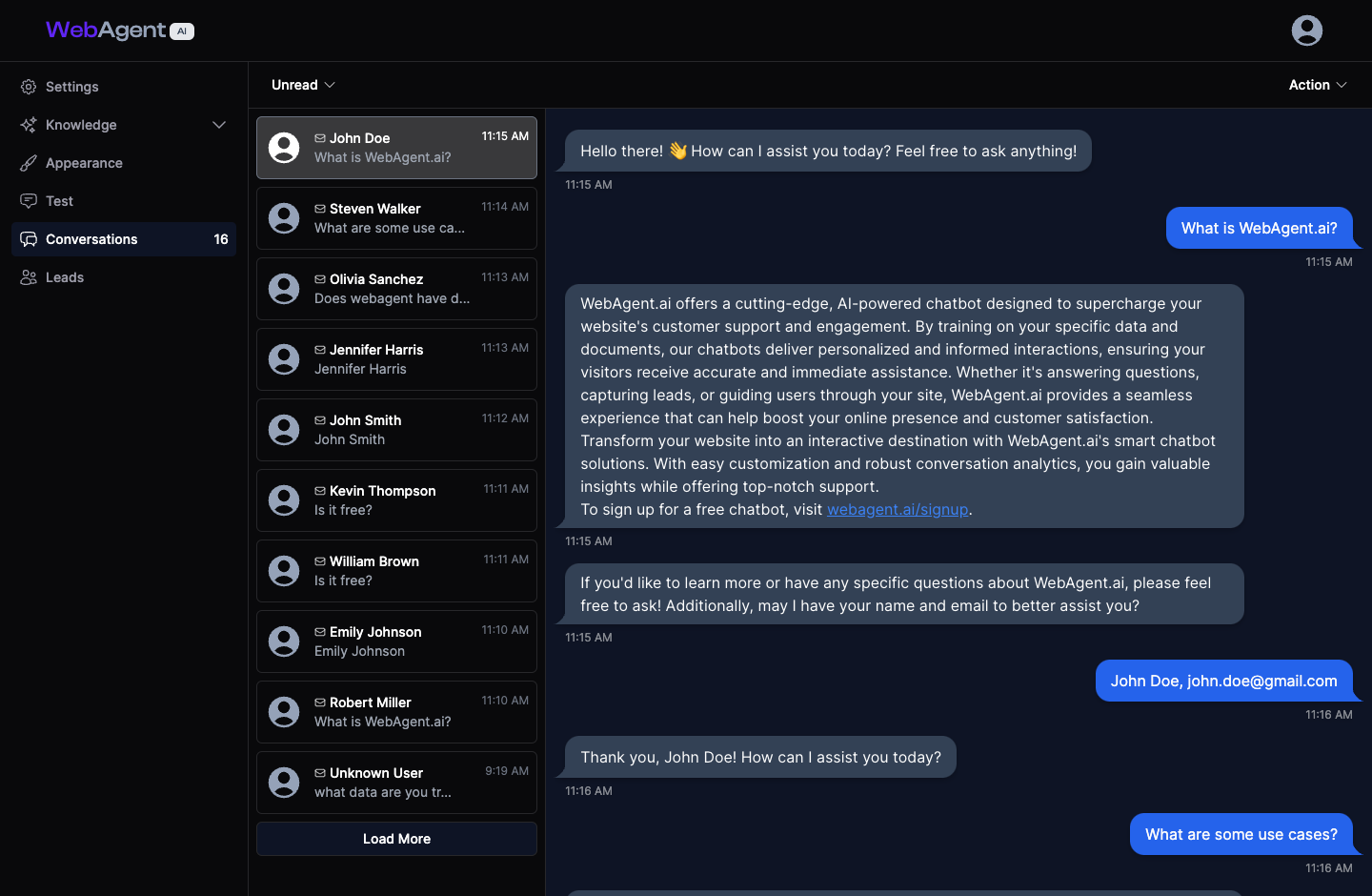 Conversation inbox with messages