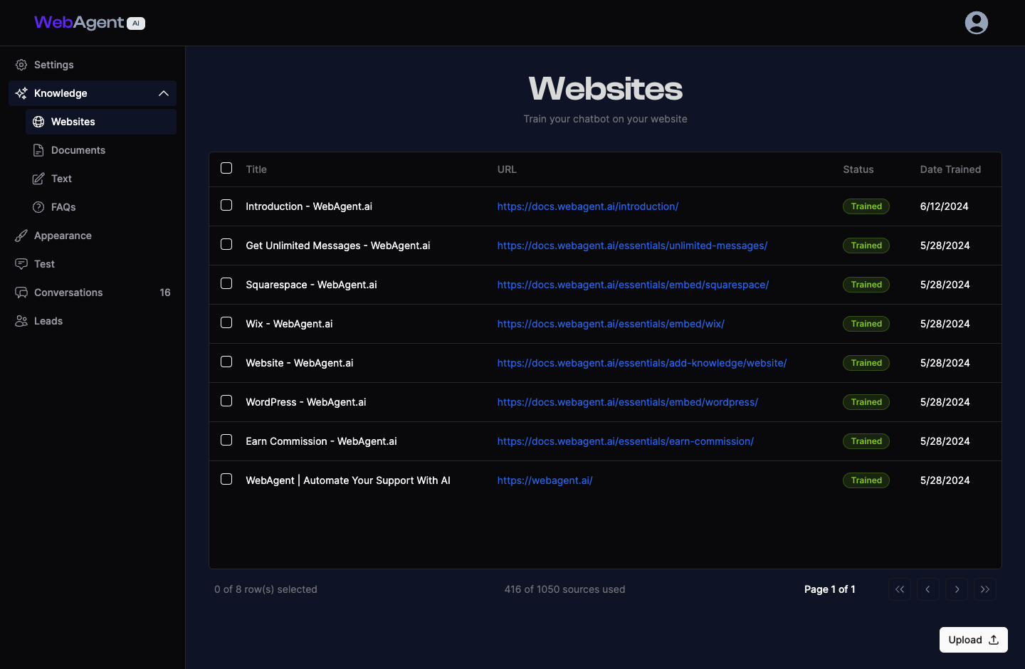 Knowledge base website ingestion